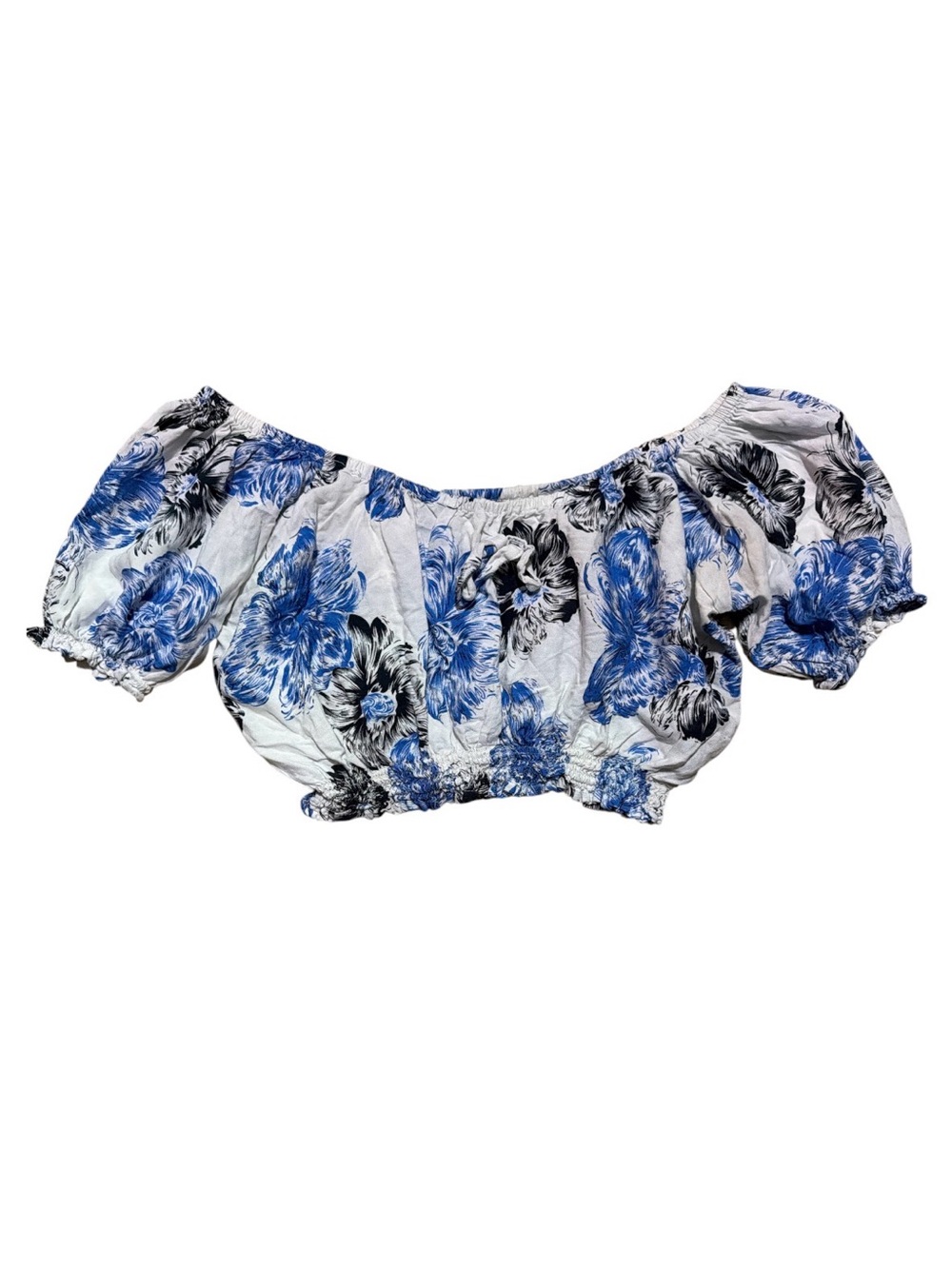 Island Planet Off Shoulder Crop Top Small Blue Floral Smocked Boho